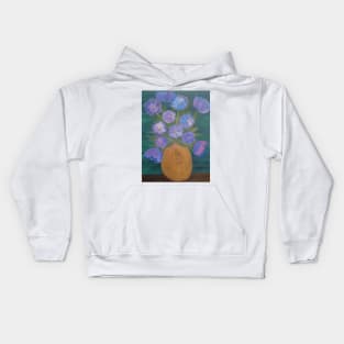 Some abstract purple carnations in a gold vase Kids Hoodie